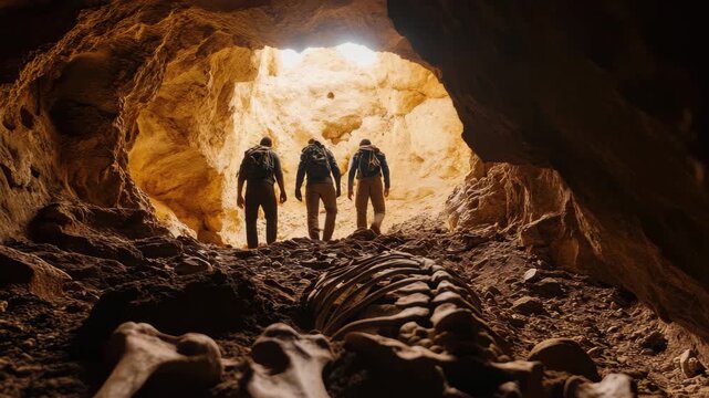 Discovering ancient human bones in a cave during an exploration adventure, Human bones in dirt of cave and tilt up to three people entering cave - slow motion