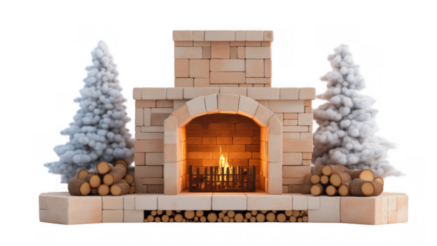 Stone fireplace with logs and snowy trees, created AI, PNG