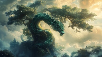 Majestic dragon emerges from ancient trees fantasy landscape dramatic atmosphere mythical realm