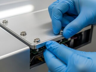 Precision assembly of electronic equipment by gloved hands, screwing metal cover onto a device casing.