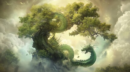 Majestic dragon confronts ancient tree fantasy realm digital art ethereal atmosphere overhead view mythical concept