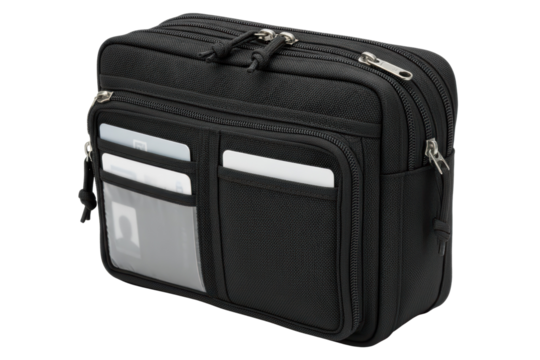 Black organizer pouch with zippers and transparent card holder isolated on a transparent background