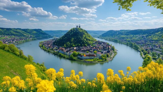 Stunning aerial view showcasing Neckargerach's river landscape and vibrant green hills in Germany, Aerial view around the city Neckargerach in Germany On sunny day in spring