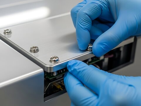 Precision assembly of electronic equipment by gloved hands, screwing metal cover onto a device casing.
