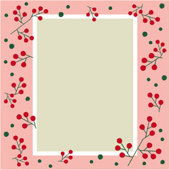 かわいい赤い実を散りばめたシンプルなフレームとピンクの背景