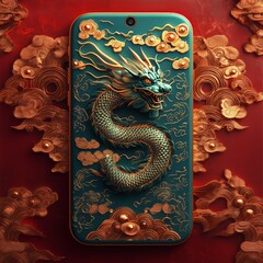 Dragon-themed mobile phone design digital art vibrant colors fantasy atmosphere close-up view cultural influence