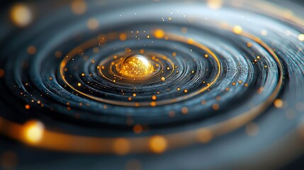 An abstract image of a spiral with a glowing orb at the center, surrounded by particles, suggesting a futuristic or scientific concept.