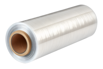 Large Roll of Clear Plastic Cling Film or Shrink Wrap with Cardboard Core Isolated on White