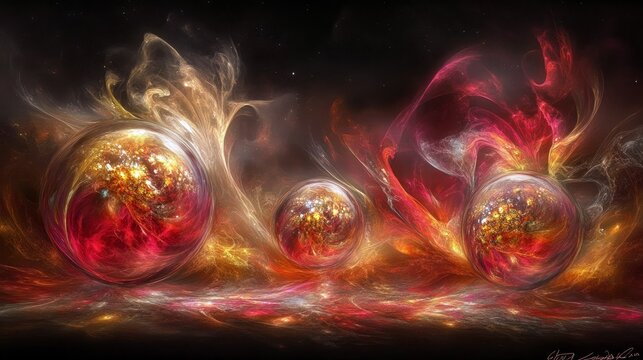 An abstract digital artwork featuring three glowing spheres in a cosmic landscape with fiery red, orange, and gold colors, set against a dark background.