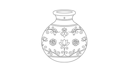 A detailed line art illustration of a traditional Indian kalash pot adorned with intricate floral and vine patterns, featuring lotus motifs and decorative bands.