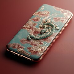 Artistic dragon embellished mobile phone elegant setting digital art contemporary environment close-up view cultural aesthetic