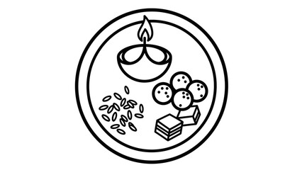 Black and white outline drawing of a traditional Indian festival thali with a lit diya, sweets, and grains.