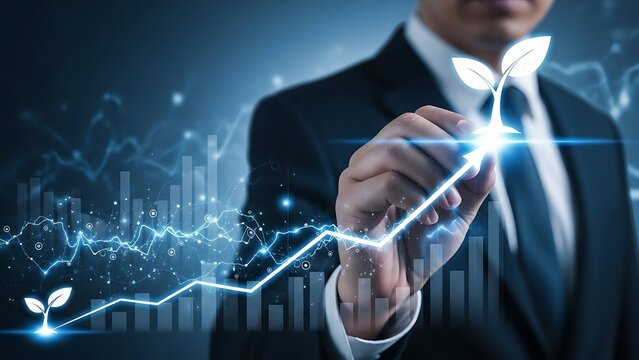 Visionary Executive In A Suit Actively Illustrating A Powerful Upward Trending Arrow Graph Culminating In A Positive Glowing Sprout Signifying Successful Sustainable Investment And Corporate