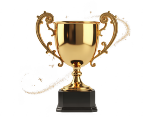 Polished gold trophy with ornate handles and sparkling dust trails on black isolated on a transparent background