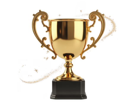 Polished gold trophy with ornate handles and sparkling dust trails on black isolated on a transparent background
