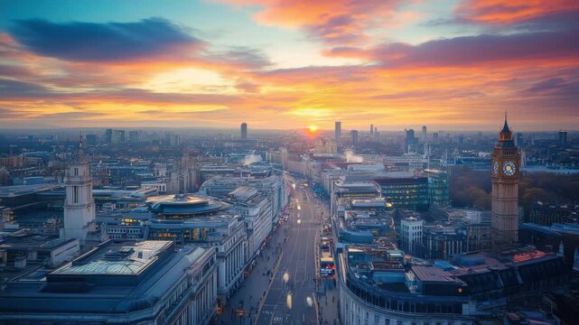 Captivating sunrise over Piccadilly Circus illuminating London cityscape, Aerial view Piccadilly Circus at sunrise London UK