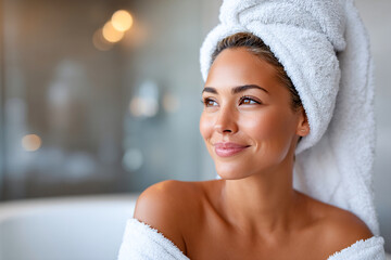 Relaxing moment for a woman with a towel in a serene bathroom setting Generative AI