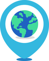 Earth globe inside blue location pin icon vector design