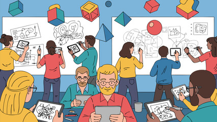 Vector Illustration of a visual thinking workshop with people drawing and floating geometric shapes.