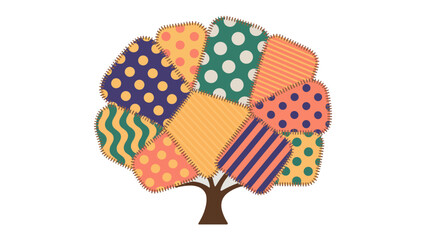 Obraz premium Quilt Tree in Art Style: A vibrant artwork showcasing a whimsical tree, its canopy meticulously crafted from colorful quilt pieces, each displaying unique patterns and textures. 