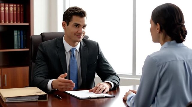 Man in suit speaks to woman at desk, office background