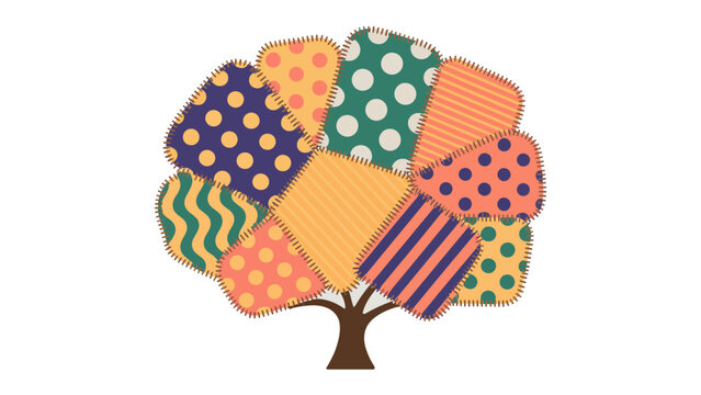 Quilt Tree in Art Style: A vibrant artwork showcasing a whimsical tree, its canopy meticulously crafted from colorful quilt pieces, each displaying unique patterns and textures. 