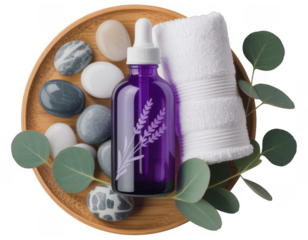 Purple dropper bottle with lavender sprig and smooth stones on wooden tray isolated on a transparent background