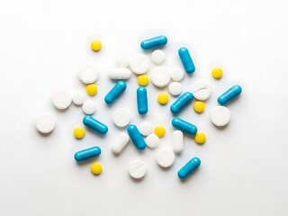 Assorted medical pills and capsules on white background, top view for healthcare, pharmacy, and medicine concepts.