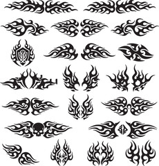 Black Tribal Flame Tattoo Designs: Vector Graphics Set for Car Decals, Motorcycle Art, and Custom Body Art Illustrations