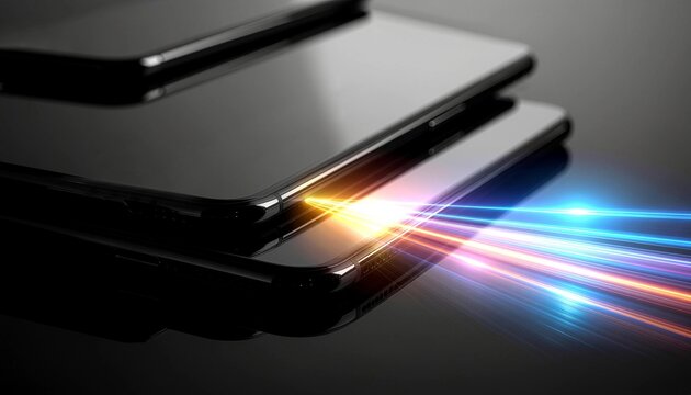 超高速データ通信を象徴するスマートフォンと光の軌跡　generative ai