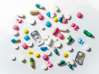 Assorted colorful pills, capsules, and tablets scattered on white background for medicine, pharmacy, and healthcare.