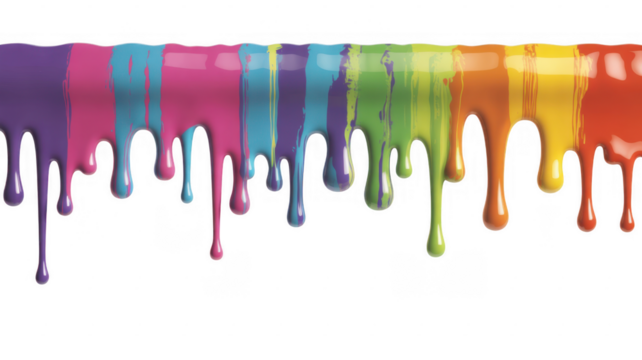 Rainbow colored liquid paint dripping down in vertical stripes isolated on a transparent background