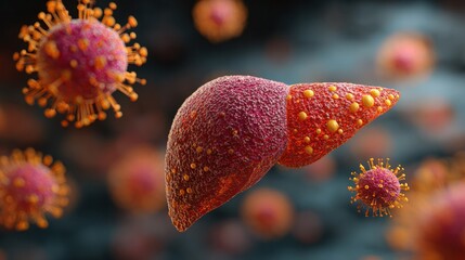 The Liver Battleground: A close-up view of a diseased liver and invading viruses, representing a critical struggle within the human body. 