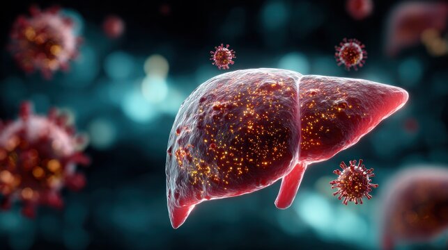 Infected Liver: An intricately detailed, macro view of a diseased liver, emphasizing its damaged cells and the attacking viruses that cause the disease.