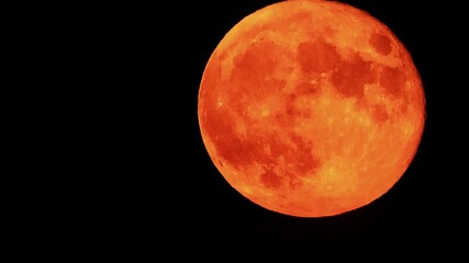 A short handheld ultra-zoom video captures a red-orange full moon in the night sky, filling most of the frame with its warm glow and textured surface, 2019 - Powered by Adobe
