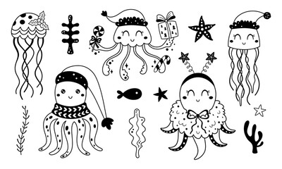 Black and White Christmas Sea Animals Clipart Set. Cute Xmas Ocean Characters Doodle. Festive Under The Sea. Holiday Nautical Illustrations.