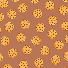 Chocolate Chip Cookies Seamless Pattern. Cookies with Chocolate Chips Seamless Vector Pattern. Great for dessert packaging, cafe menus, wallpapers, fabric prints, stationery