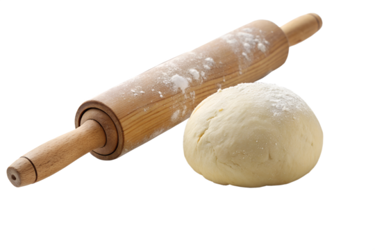Ball of Fresh Raw Dough and Wooden Rolling Pin on a Bed of White Flour Isolated