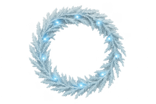 Frosted christmas wreath with glowing blue lights
