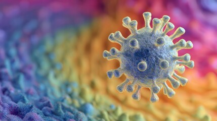 Microscopic Enemy: An artistic representation of a menacing virus particle, rendered in detailed 3D against a vibrant, multi-colored backdrop, evoking the unseen threat.