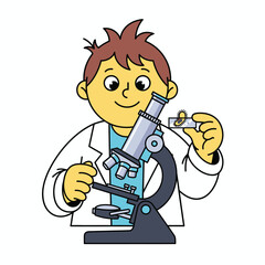 Young scientist cartoon character engaging in microscopic biological research and analysis process