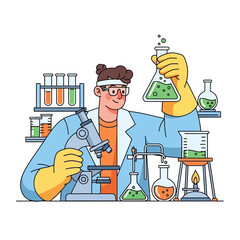 Scientist conducting research in laboratory with chemical reaction and microscope equipment for