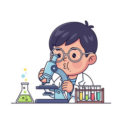 Young scientist cartoon character exploring scientific research with a microscope in a laboratory