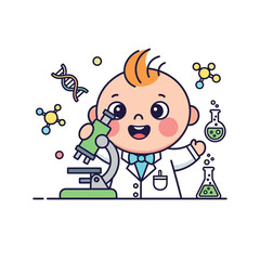 Cartoon depiction of an infant scientist exploring science in a laboratory setting in a lab coat