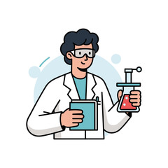 Scientist conducts experiment in a laboratory, holding flask and a notebook in hand