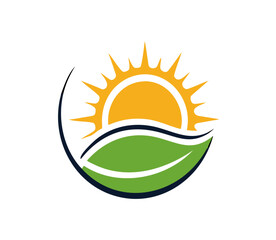 Naturally Made Logo. Plant and Sun. Eco organic green Farm natural fresh products Logotype icon. Minimalistic, abstract logo of a leaf - Vector