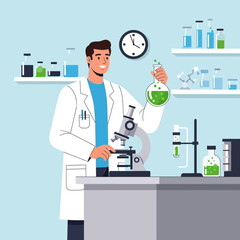 A scientist in lab analyzing green liquid holding flask and microscope exploration