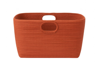 Rectangular woven rope storage basket with oval handles in terracotta orange isolated on a transparent background