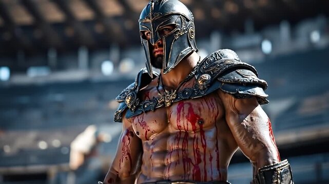 A man in a spartan costume with blood on his chest