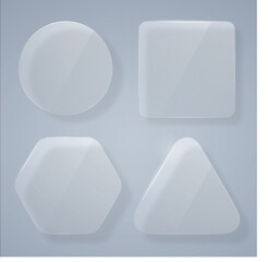 Blank transparent glass panel with rounded corners and visible screw mounts isolated on a subtle grey background